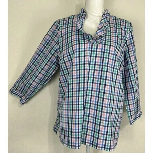 Talbots Petite No Iron Multi Color Ruffle-Neck Popover Gingham Tunic Size 16P - Picture 9 of 13